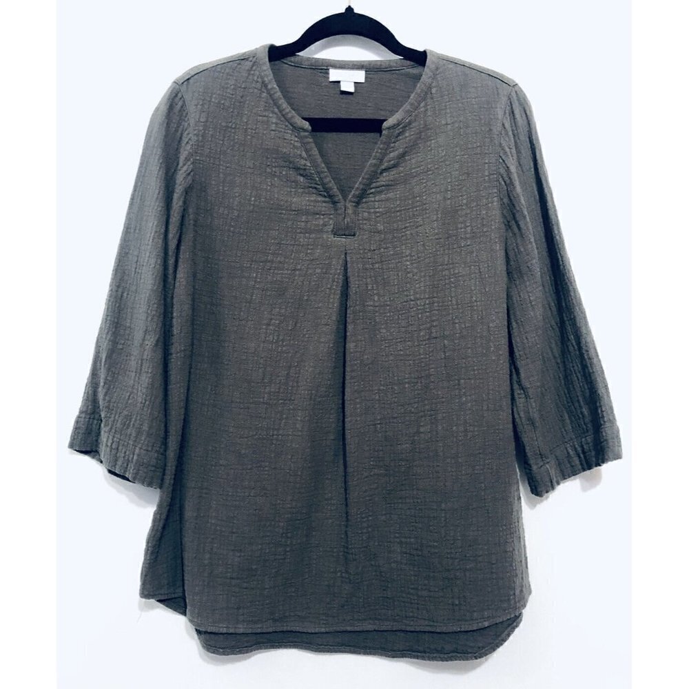 J Jill Pure Jill Womens Small Brown 3/4 Sleeve Crinkled Blouse Cotton Lagenlook